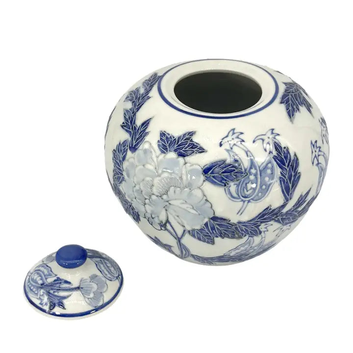Blue & White Floral Ceramic Chinoiserie Ginger Jar