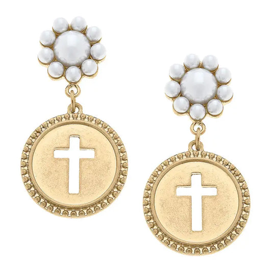 Candace Coin Cross Pearl Drop Earrring
