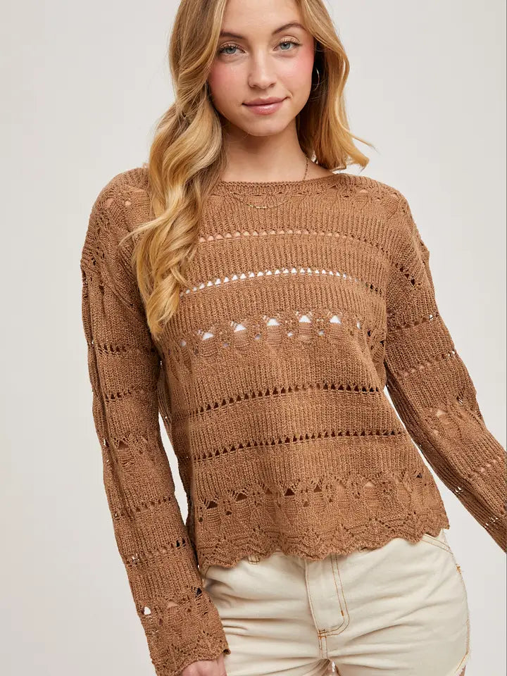 Mocha Sheer Open Knit Pullover