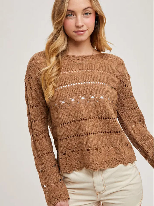 Mocha Sheer Open Knit Pullover