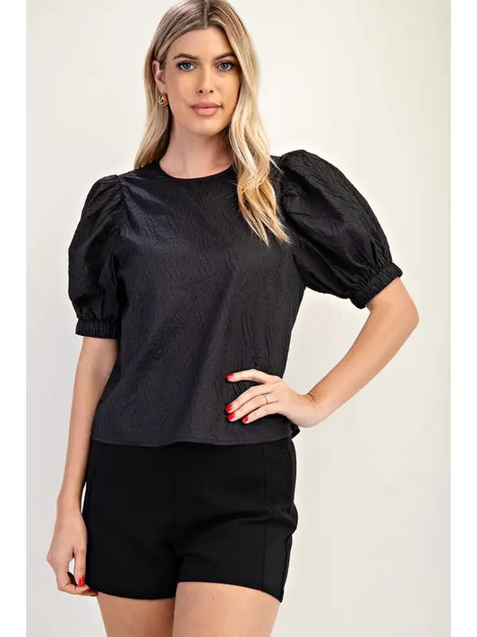 Black Round Neck Puffed Sleeve Top