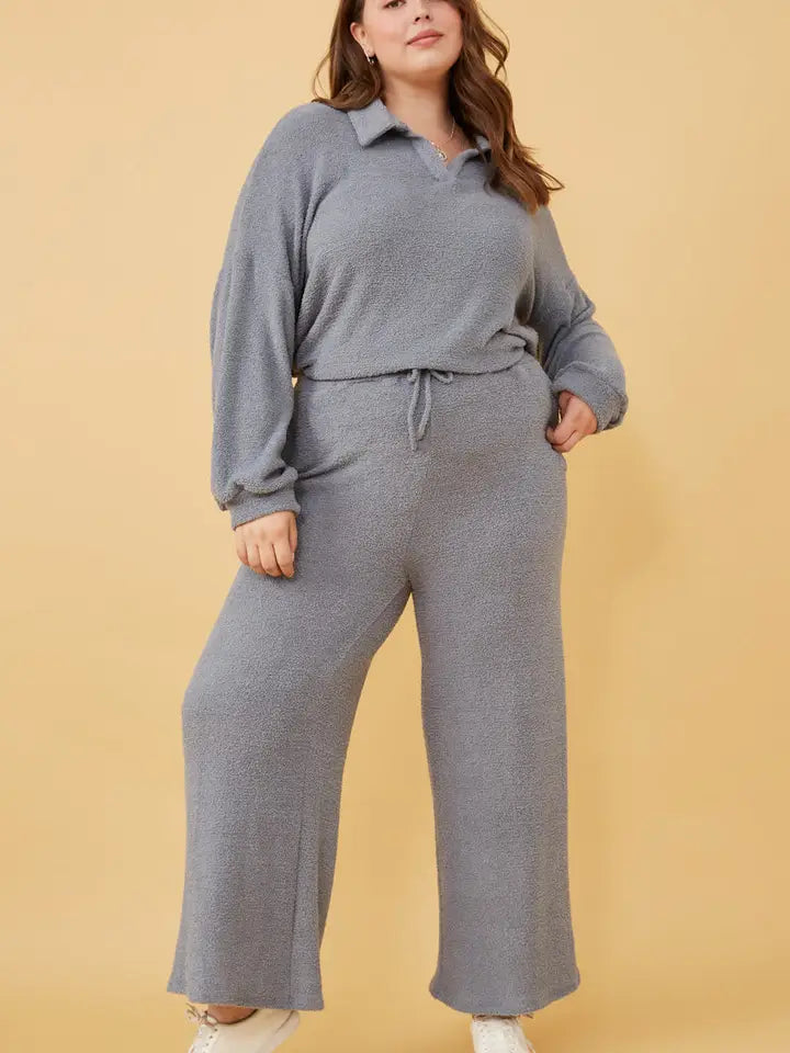 Plus Open Collar Long Sleeve Fleece Top