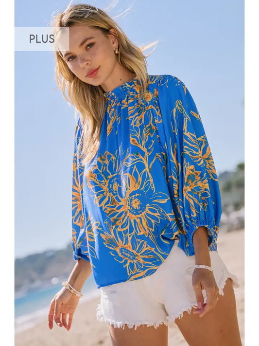 Plus Foral Ruffle Neckline Baby Doll Blouse
