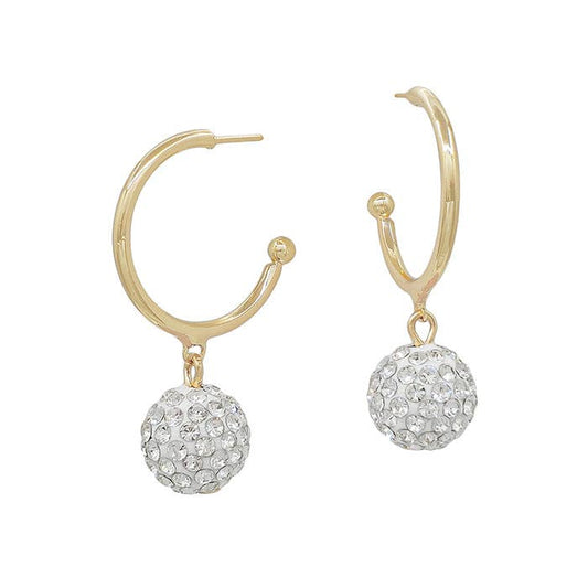 Gold Hoop with White Rhinestone Ball Drop 1.5" Earring
