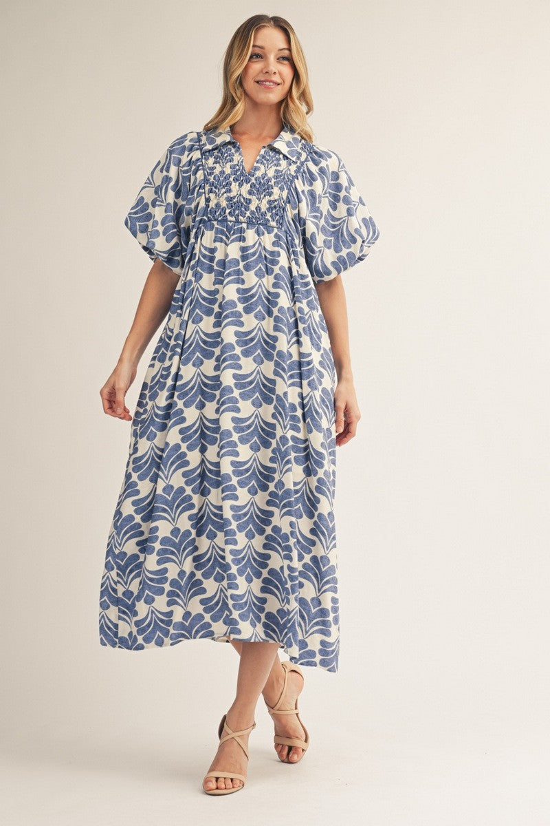 Plus Blue & White Puff Sleeve Boho Dress