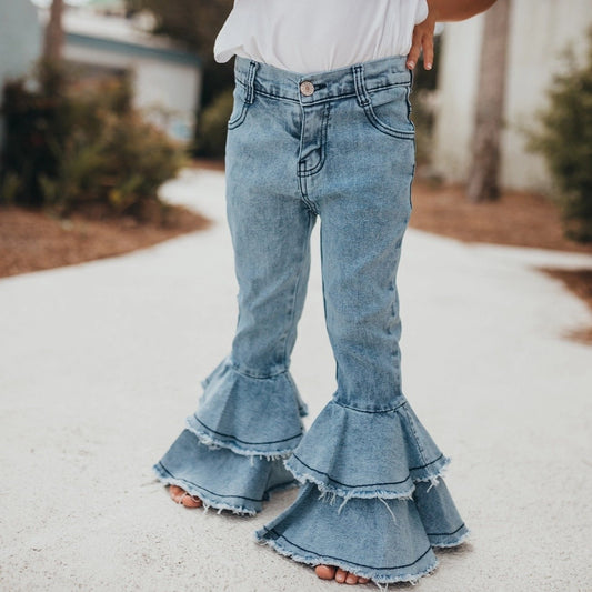 Kids Light Wash Denim Double Ruffle Pants