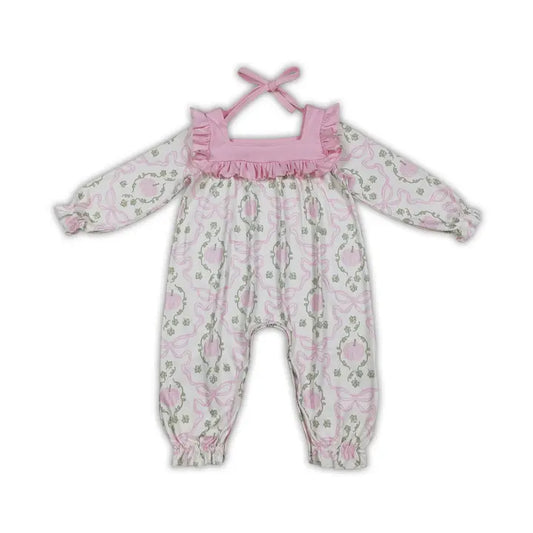 Long Sleeves Pink Bow Pumpkin Romper