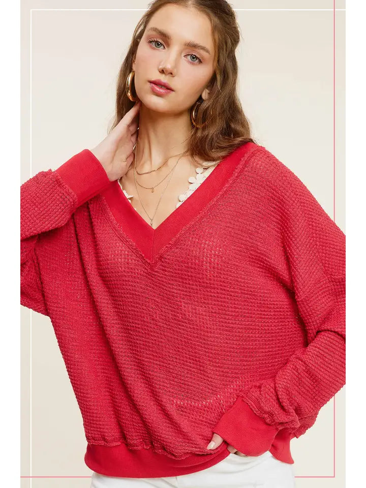 Tomato Loose Fit V-Neck Waffle Knit Top
