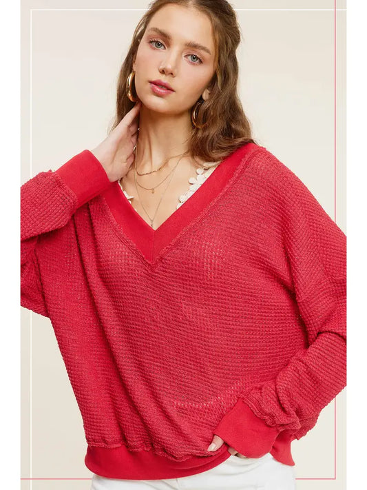 Tomato Loose Fit V-Neck Waffle Knit Top