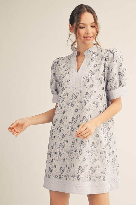 Blue Floral Jacquard Shift Dress