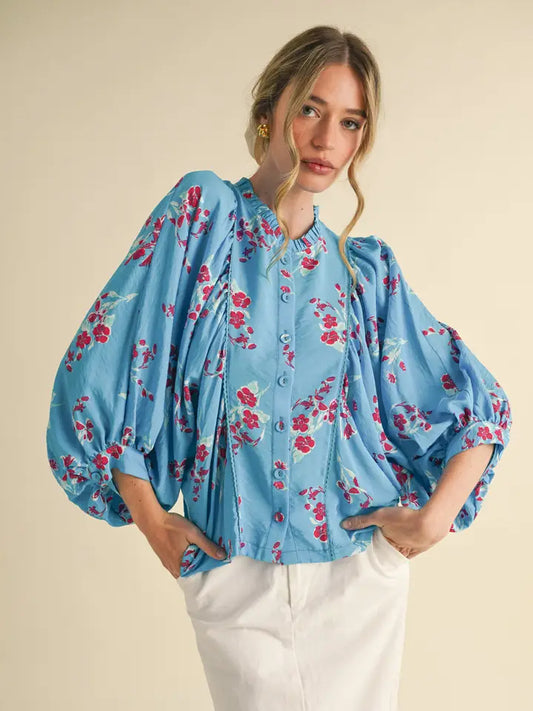 Aqua Blue and Pink Floral Batwing Top