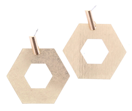 Gold Hexagon Dangle Stud Earring