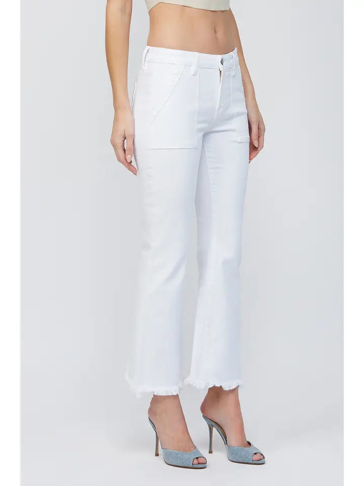 White Cargo Pocket Cropped Flare Pants