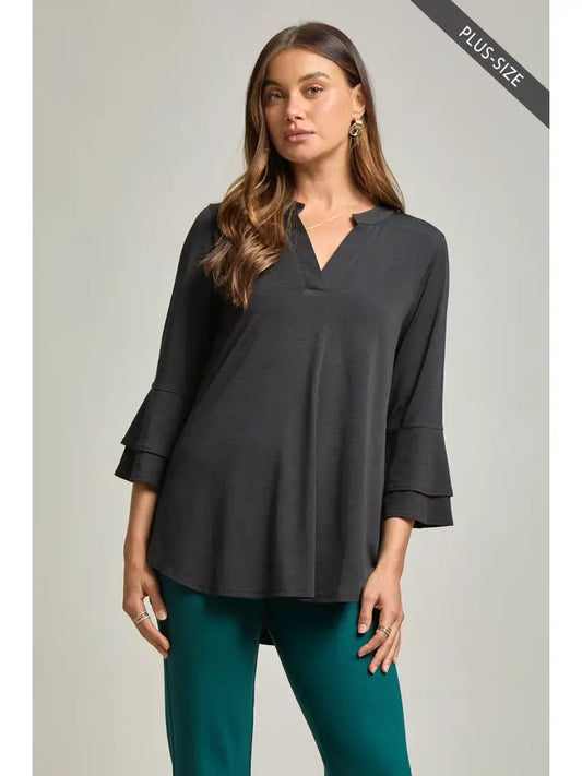 Plus Solid Black Ruffle Sleeve Top