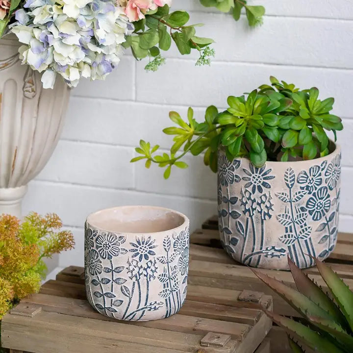 Gray Sand and Cement Planters with Blue Floral Motif