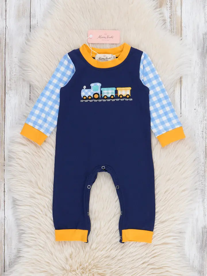 Little Conductor Gingham Train Romper