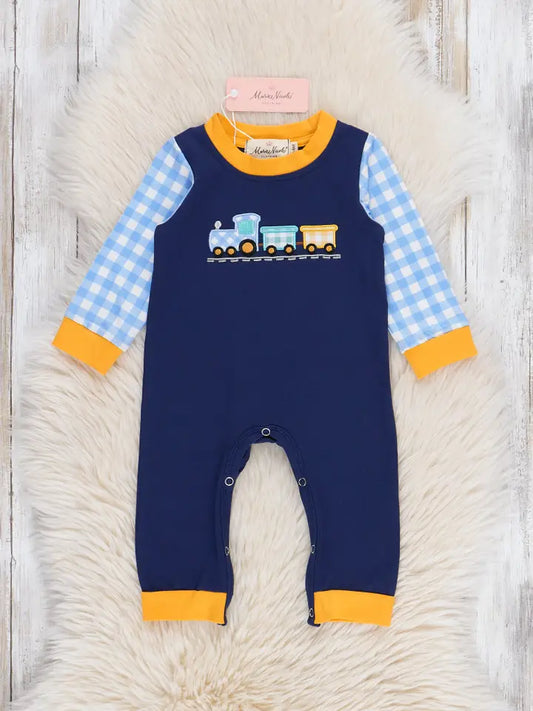 Little Conductor Gingham Train Romper