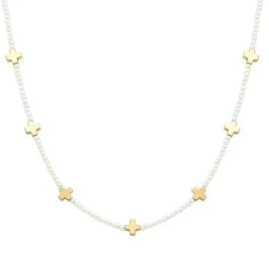 2mm Pearl with Gold Cross Necklace