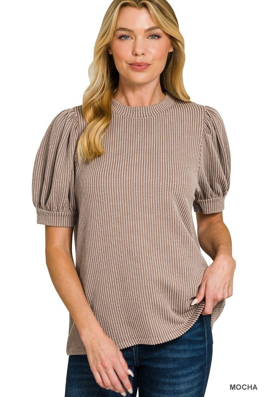Mocha Ribbed Puff Sleeve Top