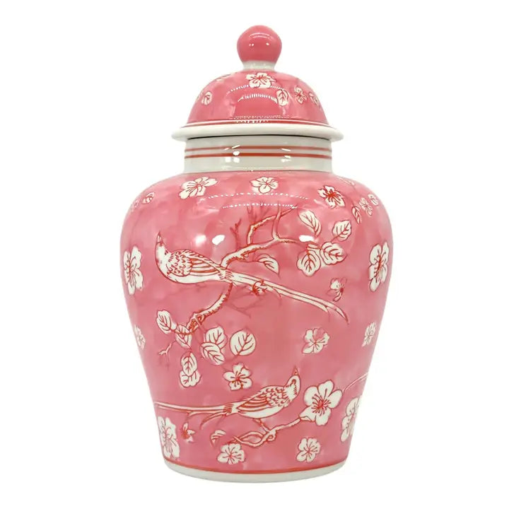 Pink & White 12" Ceramic Chinoiserie Jar