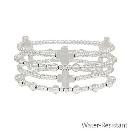 Water Resistant Set of 4 Silver Beaded Stretch Bracelets