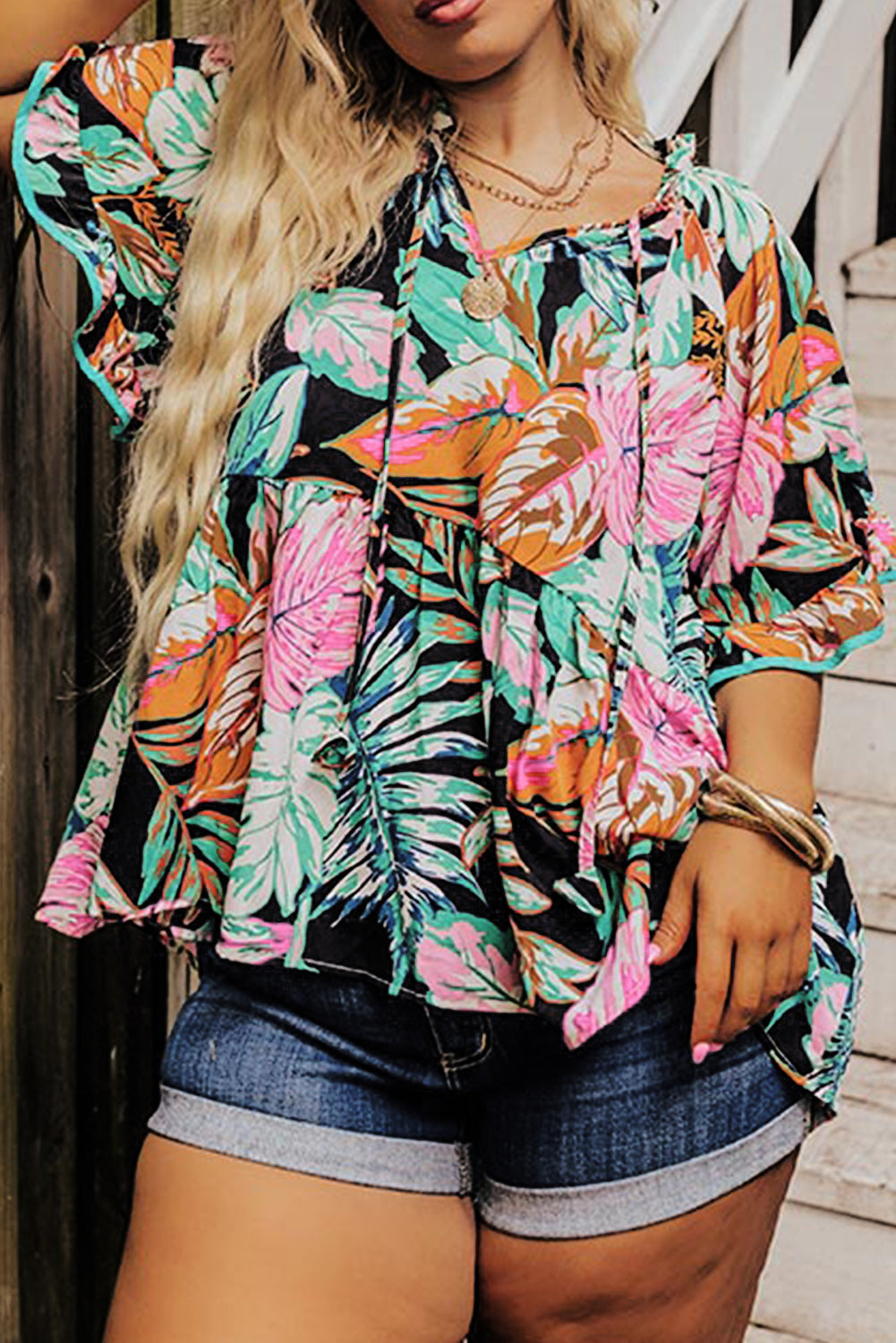 Plus Black Tropical Print Blouse