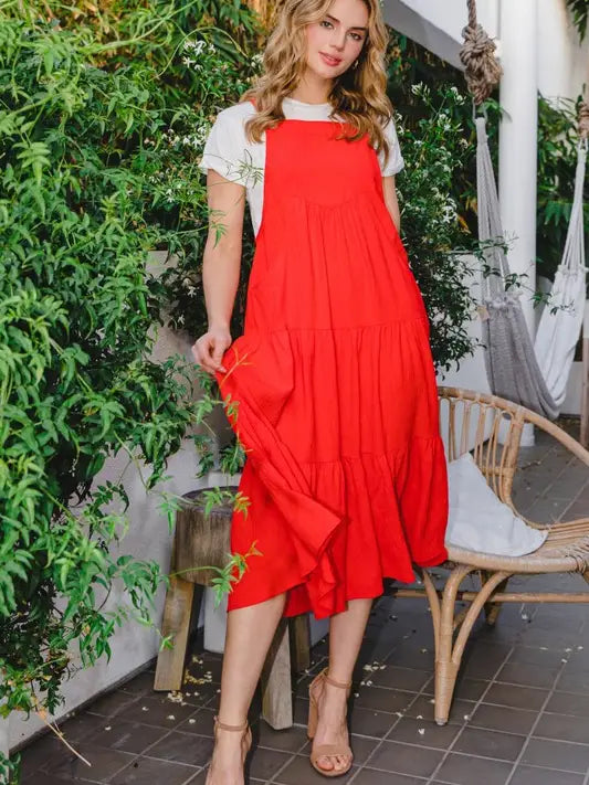 Solid Button Sling Tiered Dress