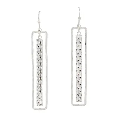 Silver Textured Open Rectangle with Chain Earring