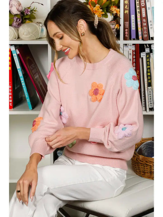 Pink Crew Neck Puff Sleeve Sweater