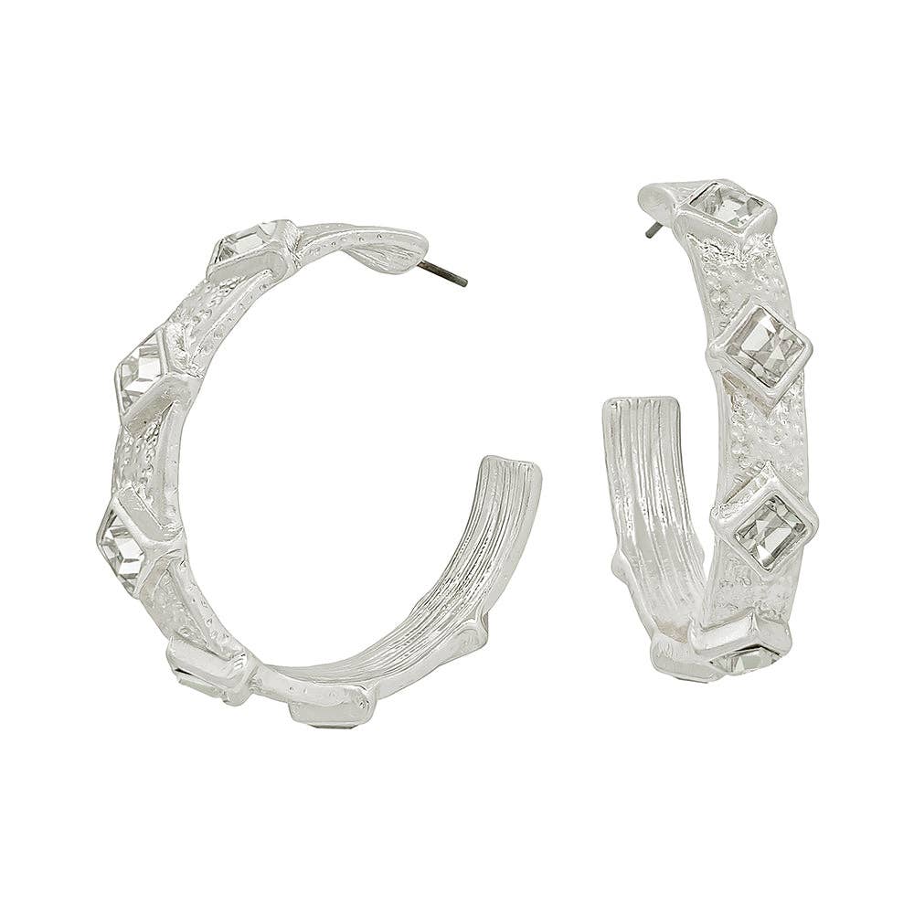 Silver Textured Hoop with Clear Diamond Crystals 2" Earring