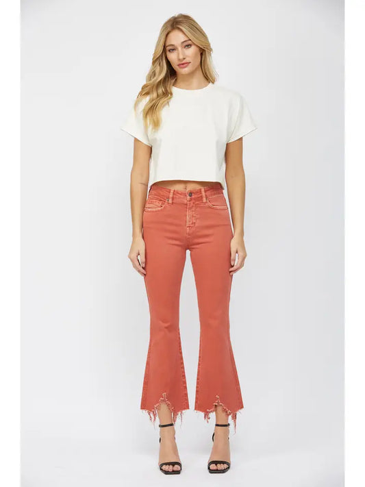 Bright Penny High Rise Crop Flare with Frayed Bottom