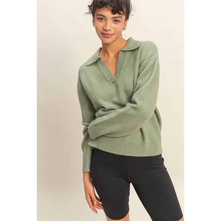 Sage Green Collared V Neck Sweater