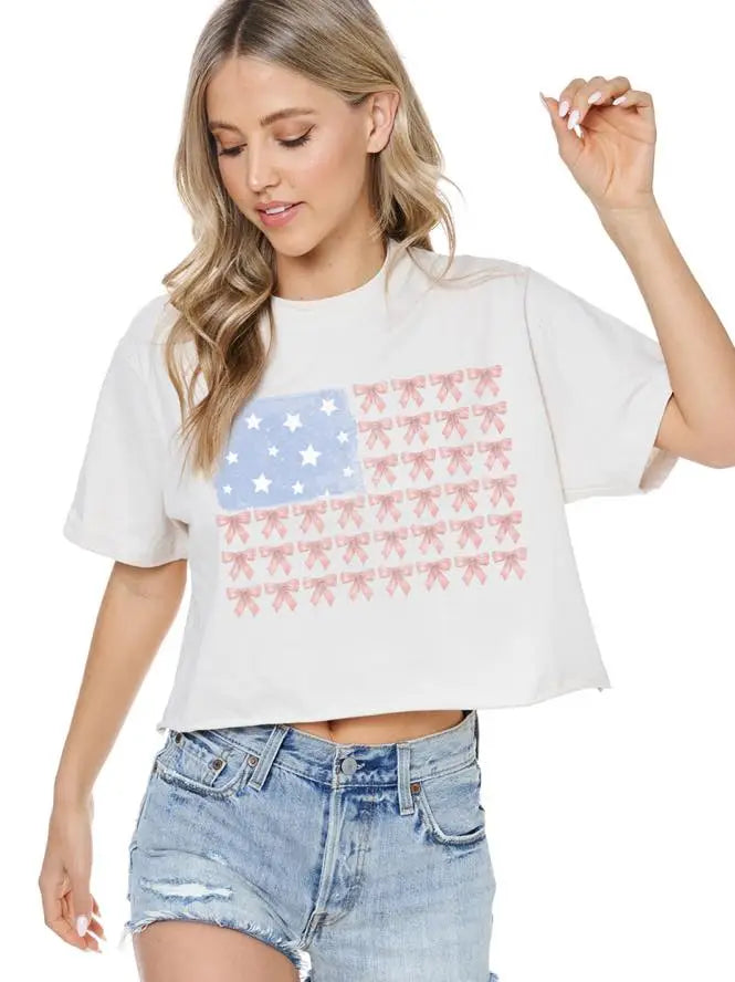 White Coquette Bow American Flag Tee