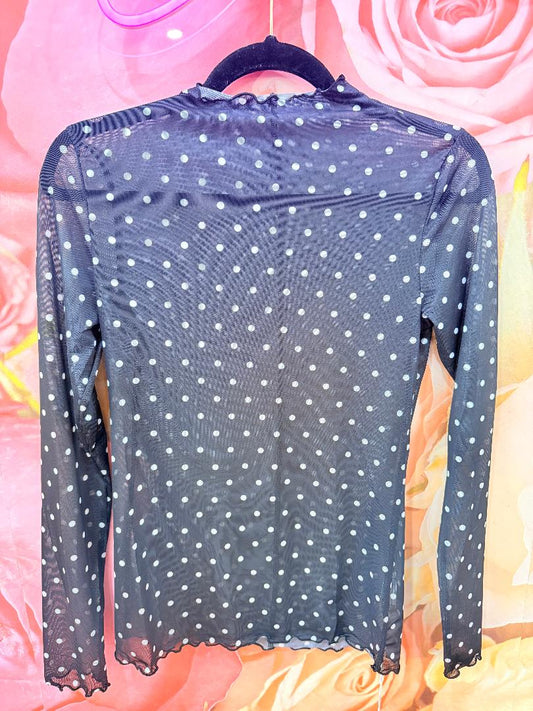 Black Polka Dot Mesh Long Sleeve Top