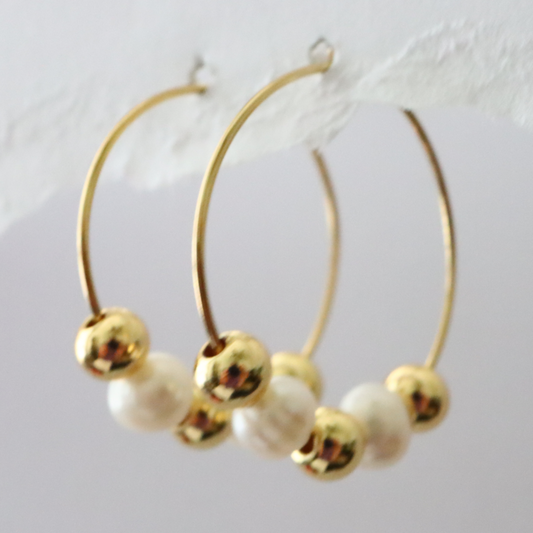 Gold Hoops with Pearls and Gold Beads