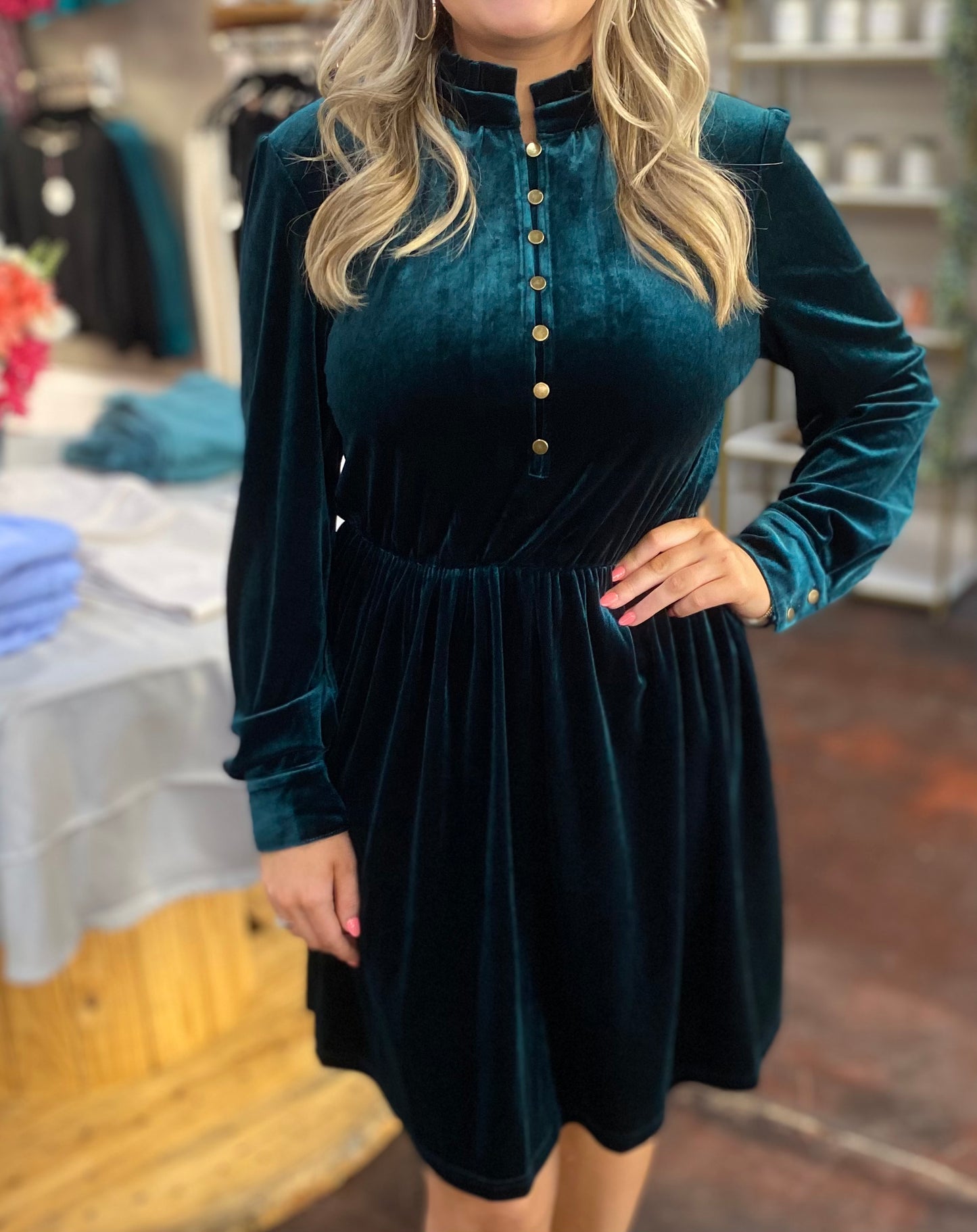 Velvet Button Front Ruffled Dress