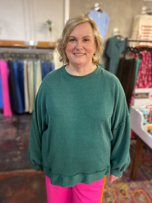 Plus Green Ribbed Long Sleeve Top