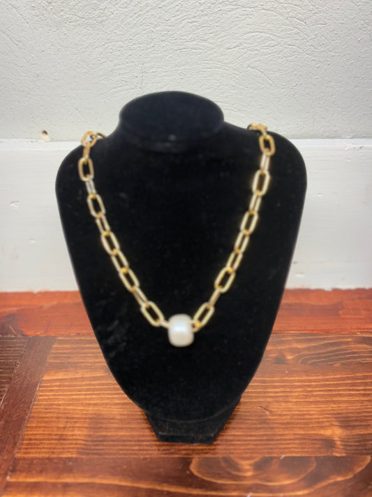Golden Pearl Link Necklace - Long