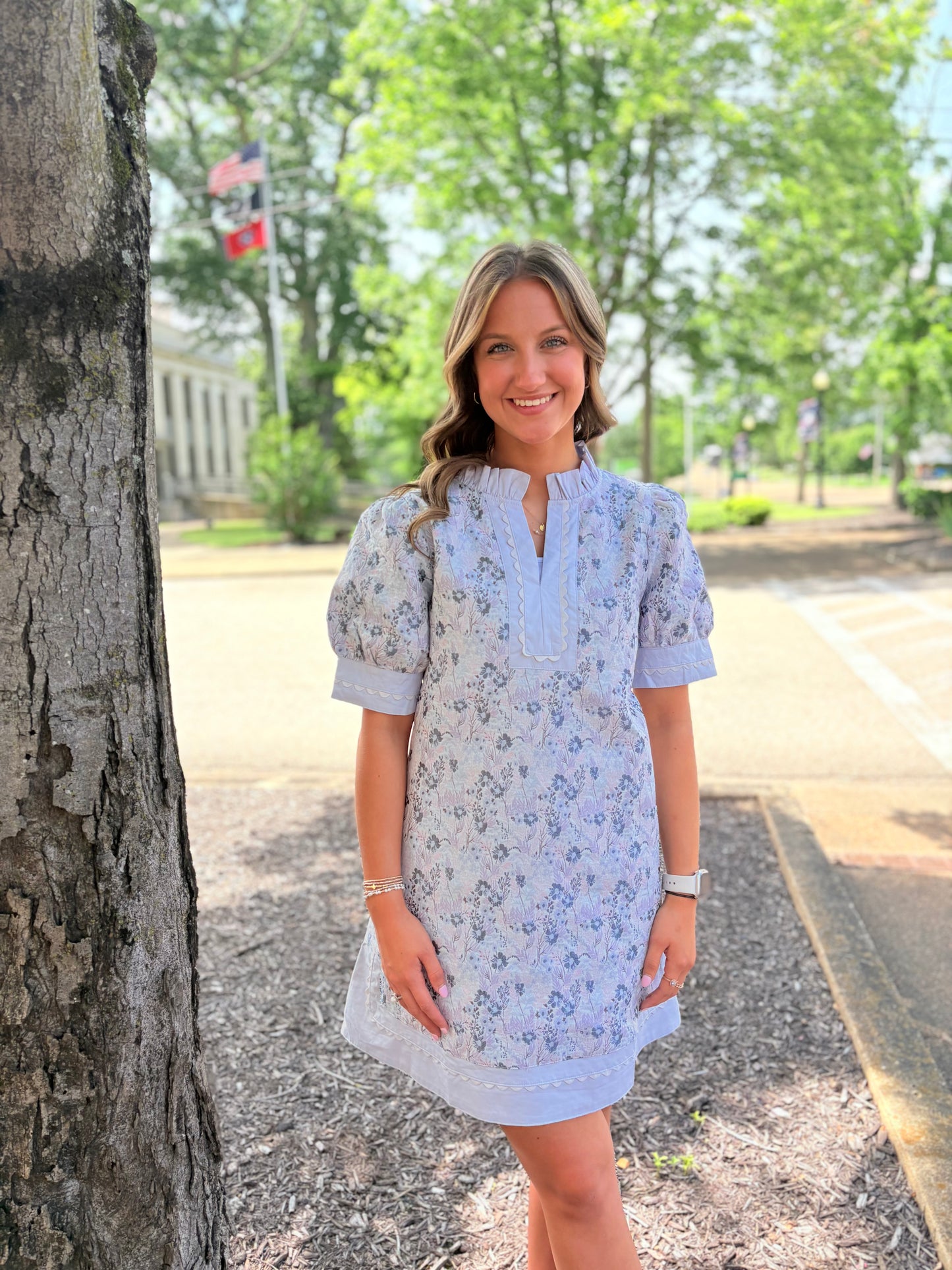 Blue Floral Jacquard Shift Dress