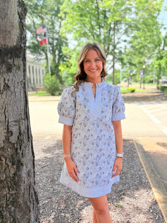Blue Floral Jacquard Shift Dress