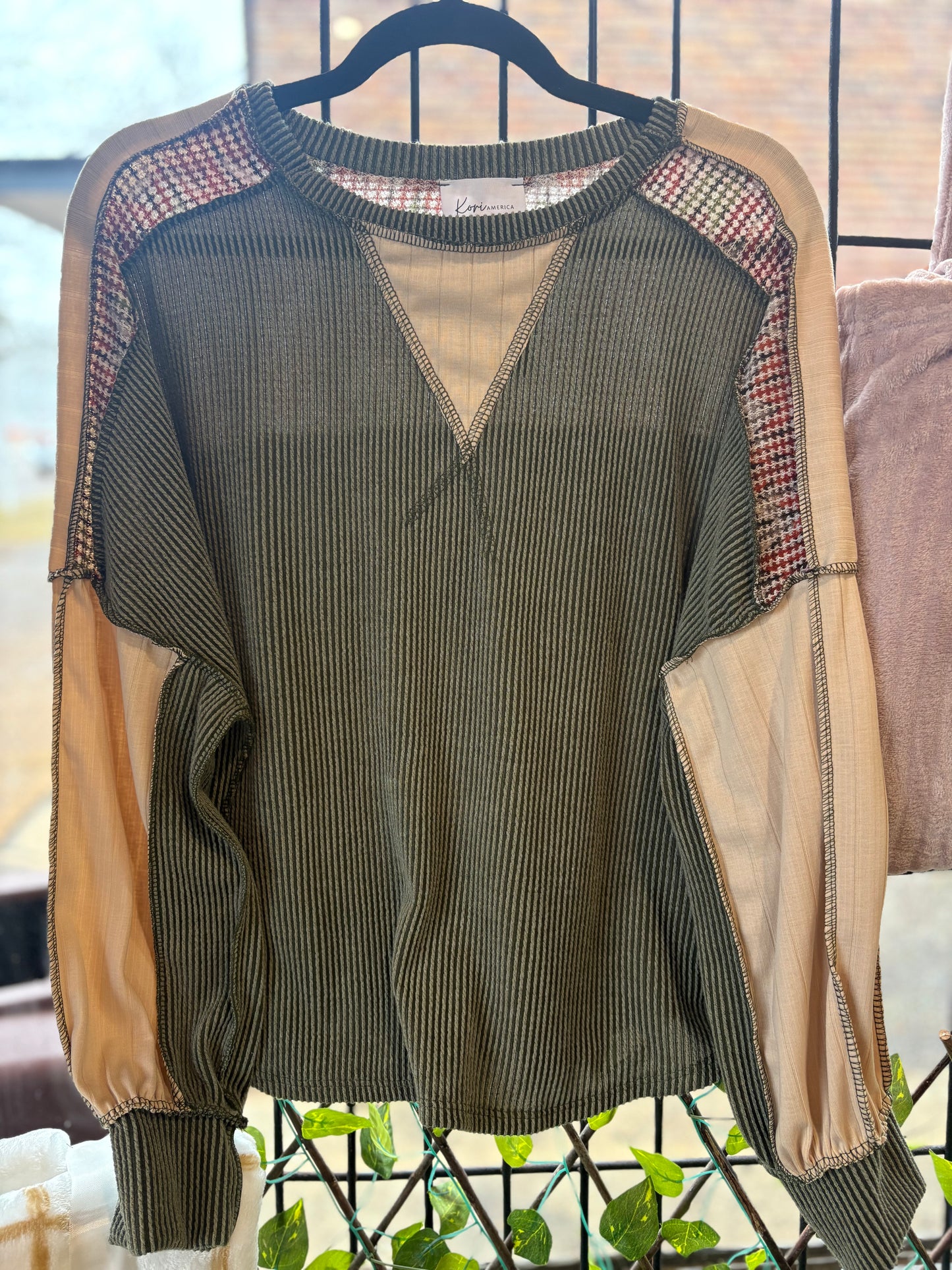 Olive Color Block Knit Top