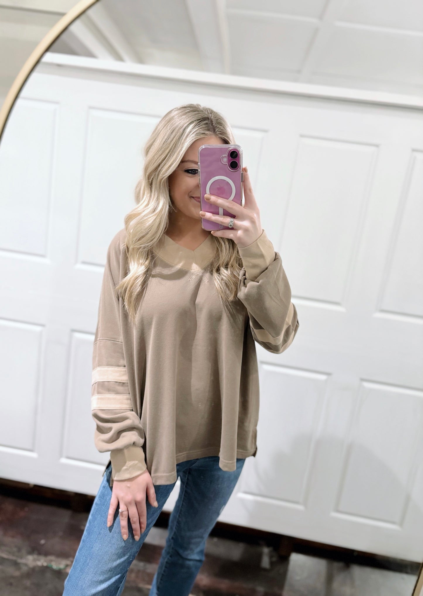 French Terry Colorblock V Neck Top