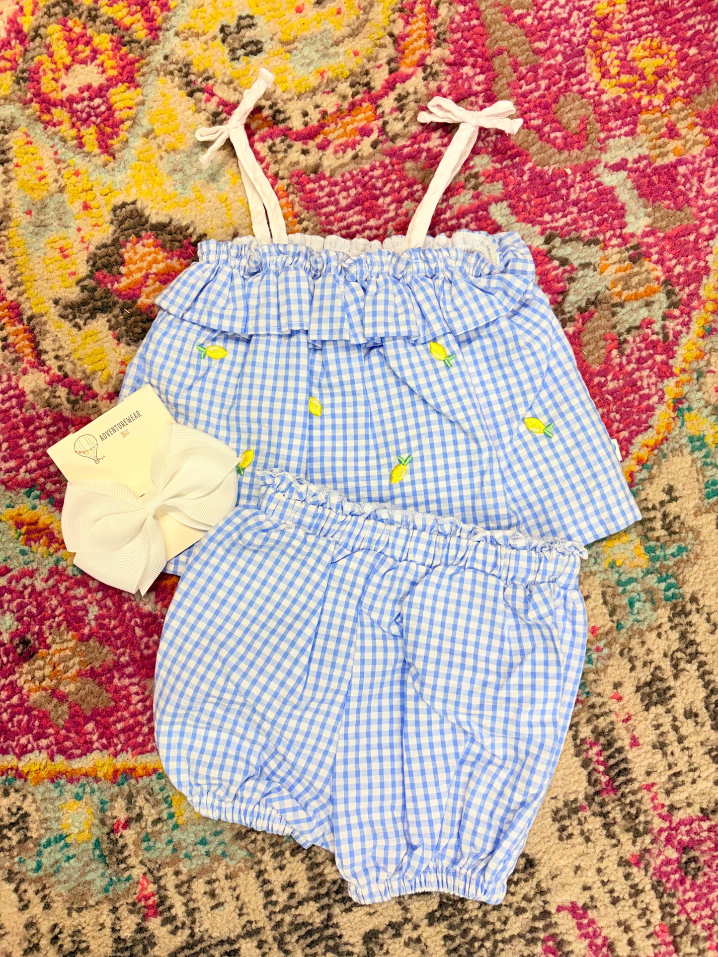 Blue and White Lemon Gingham Set with Bow