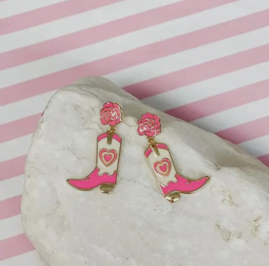 Pink Rose Cowboy Boot Dangle Earring