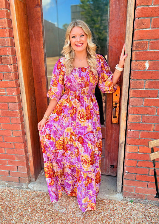 Printed Maxi Dress with Short Bubble Sleeve