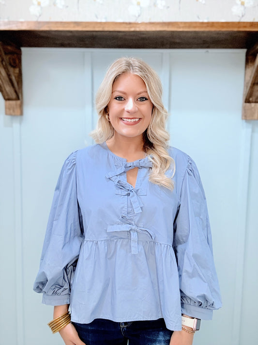Denim Bow Tie Peplum Top