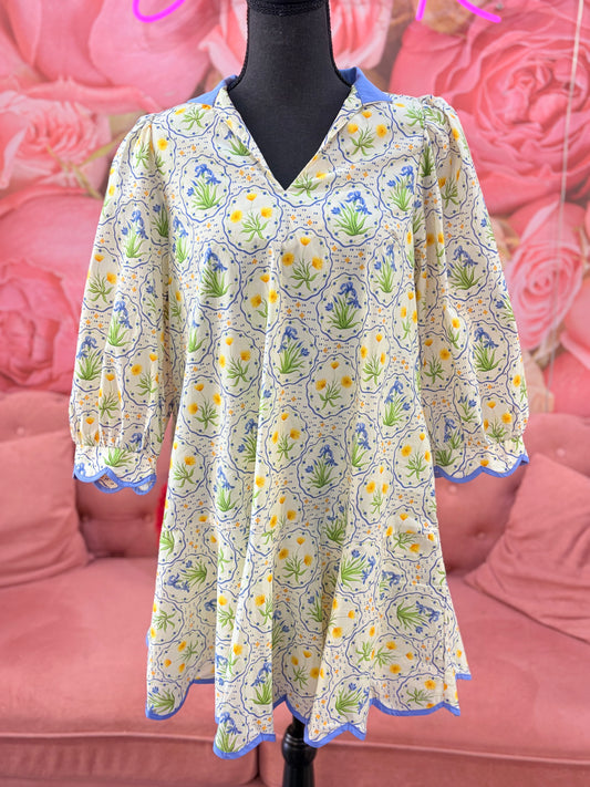 Botanical Blue and Yellow Dress
