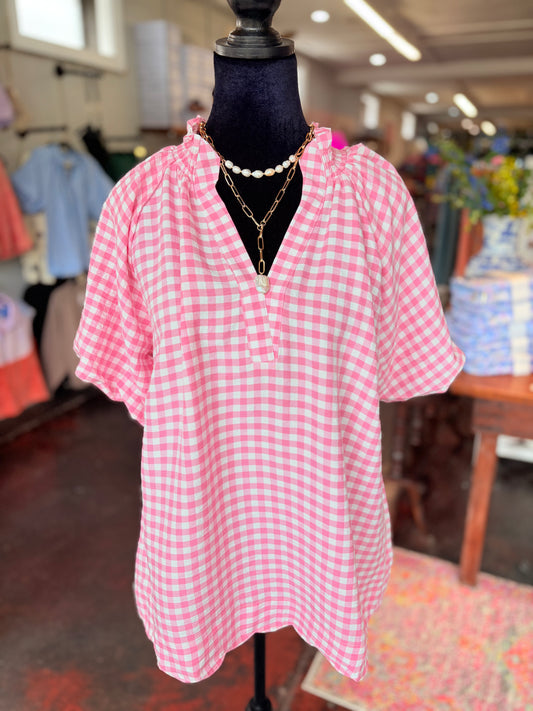 Peony Gingham Bubble Sleeve Blouse