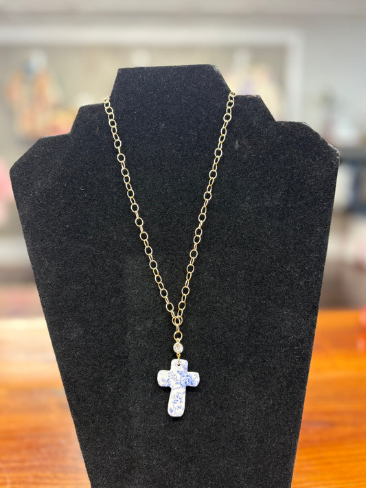 Blue Willow Cross Necklace