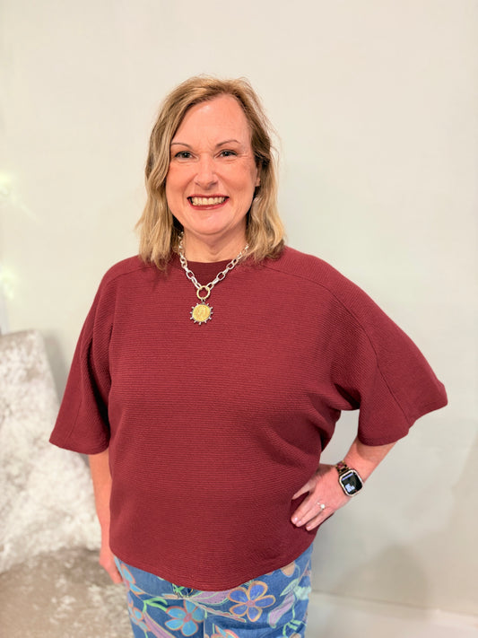 Wine Cloudy Knit 3/4 Sleeve Top